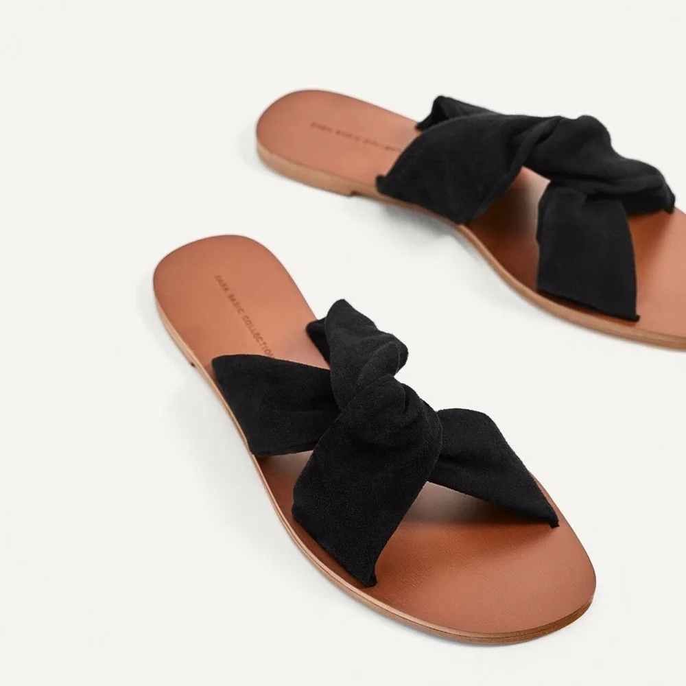 🤍 ZARA Black Knot Detail Leather Suede Sandals - Picture 2 of 7
